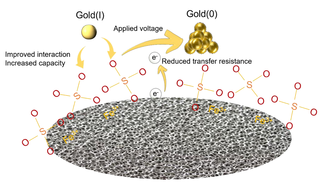 Graphical abstract for Boosting electrochemical reduction-recovery of trace gold(I) with ferric-modified walnut shell charcoal