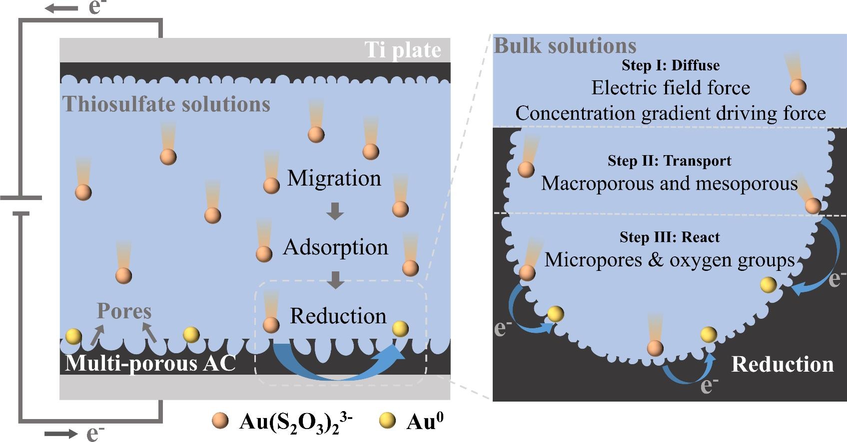 Graphical abstract for Electro reduction-recovery of Au(S2O3)23− within a low concentration range via multi-porous activated carbon electrodes