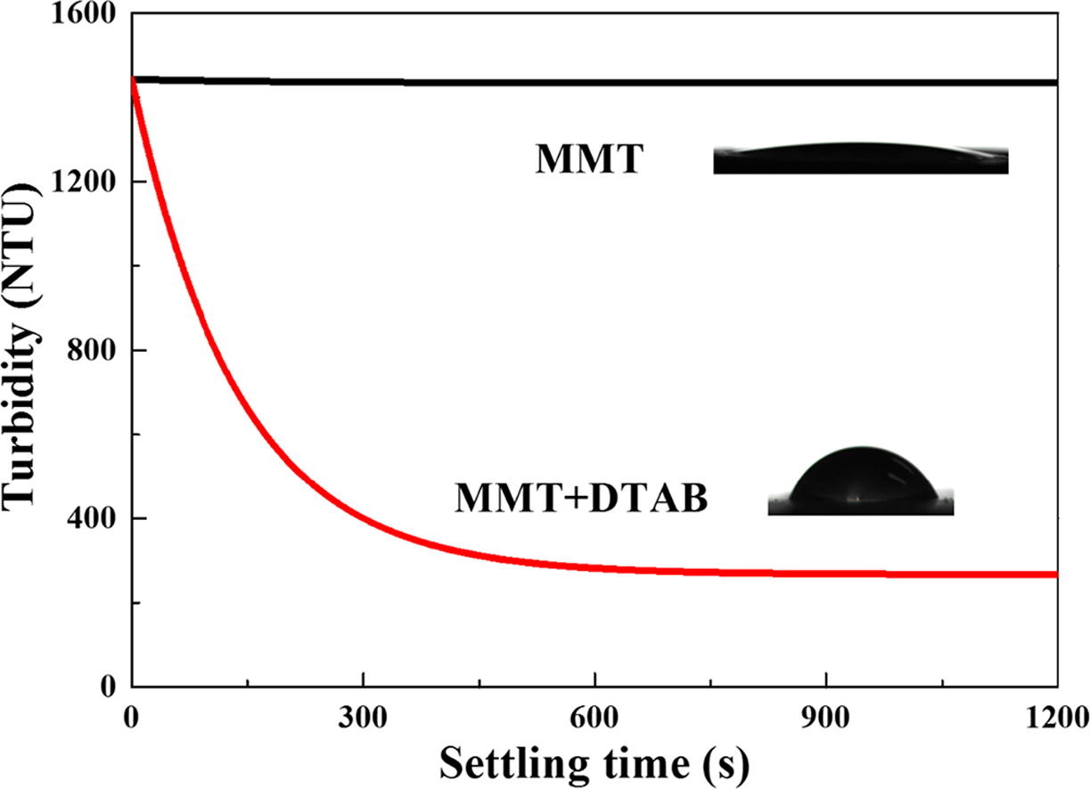 Graphical abstract for Hydrophobic agglomeration of montmorillonite fines in aqueous solutions induced by dodecyl trimethyl ammonium bromides