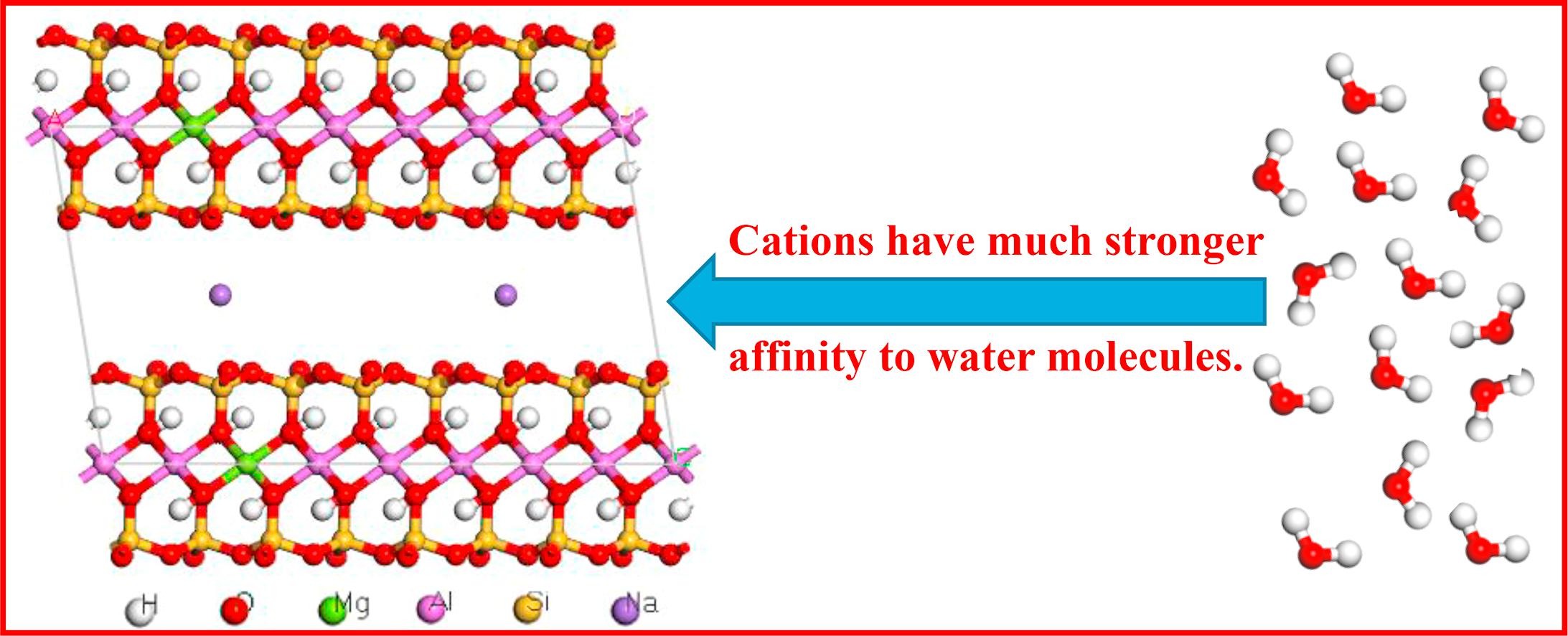 Graphical abstract for Driving force for the swelling of montmorillonite as affected by surface charge and exchangeable cations: A molecular dynamics study